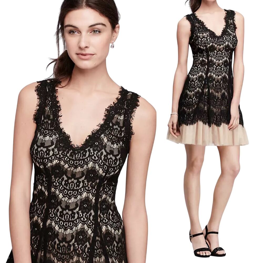 Betsy & Adam Lace Overlay Cocktail Mini Dress Tulle Skirt V Neck Black Cream 16